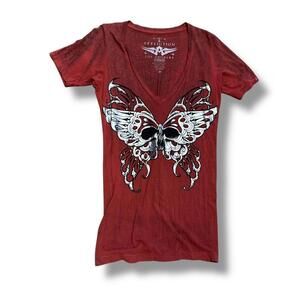 Y2K Burgundy Affliction Silver Butterfly Wing Tee
